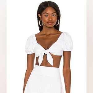 BN Susan Monaco Sugar white tie-front puff sleeve crop top